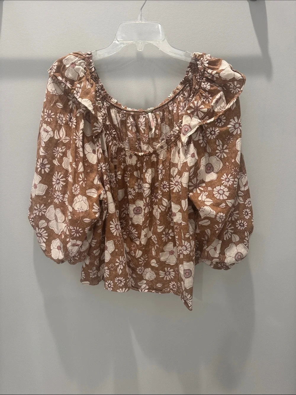 Free People Brown Floral Ruffle-Neck Peasant Blouse